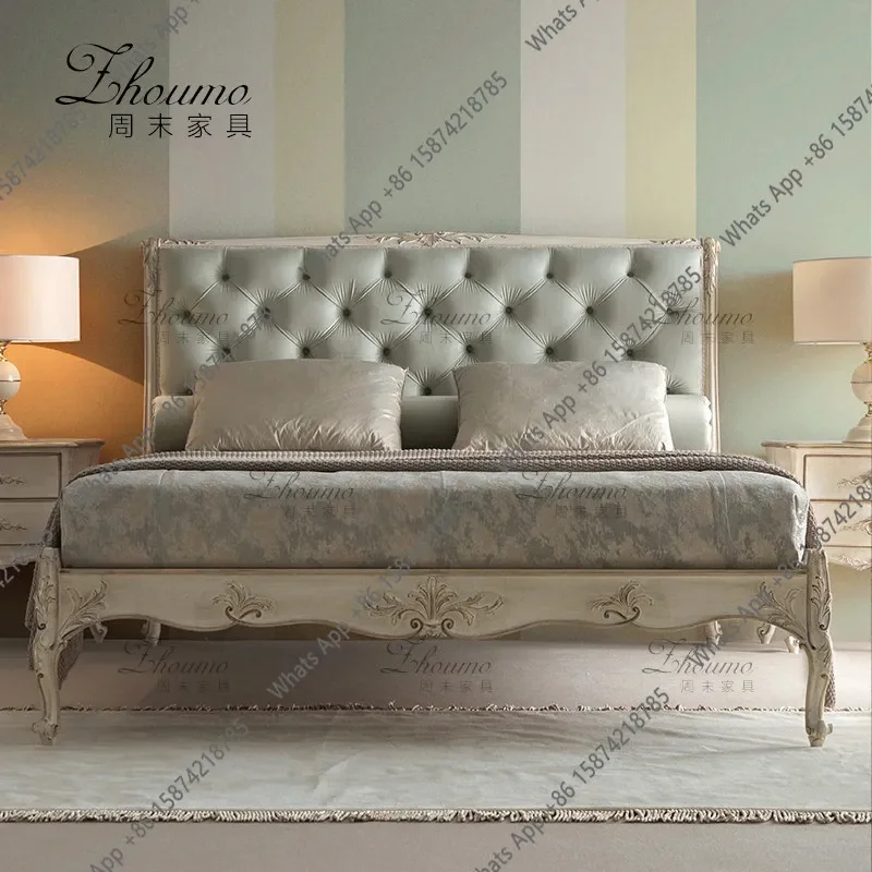 X32 French Light Luxury Buckle Double Bed Neoclassical Carved Retro Bed Hand Carved Master Bedroom Solid Wood Wedding Bed