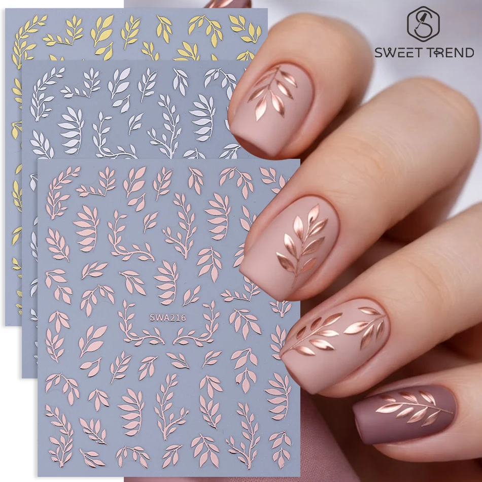 3 Stück Bronzefarbene Blätter-Nagelaufkleber Roségold Silber Gold Einfaches Design Selbstklebende Nagelsticker Elegante Maniküre-Dekoration