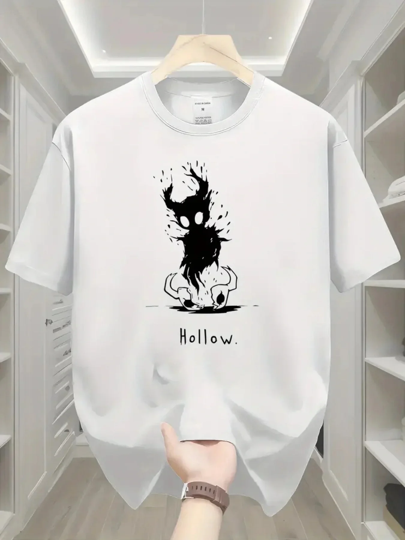 Summer Men's 100_ Cotton Casual Loose Fit Large Letter Hollow Print Round Neck Short Sleeved T-Shirt Top High Street Style