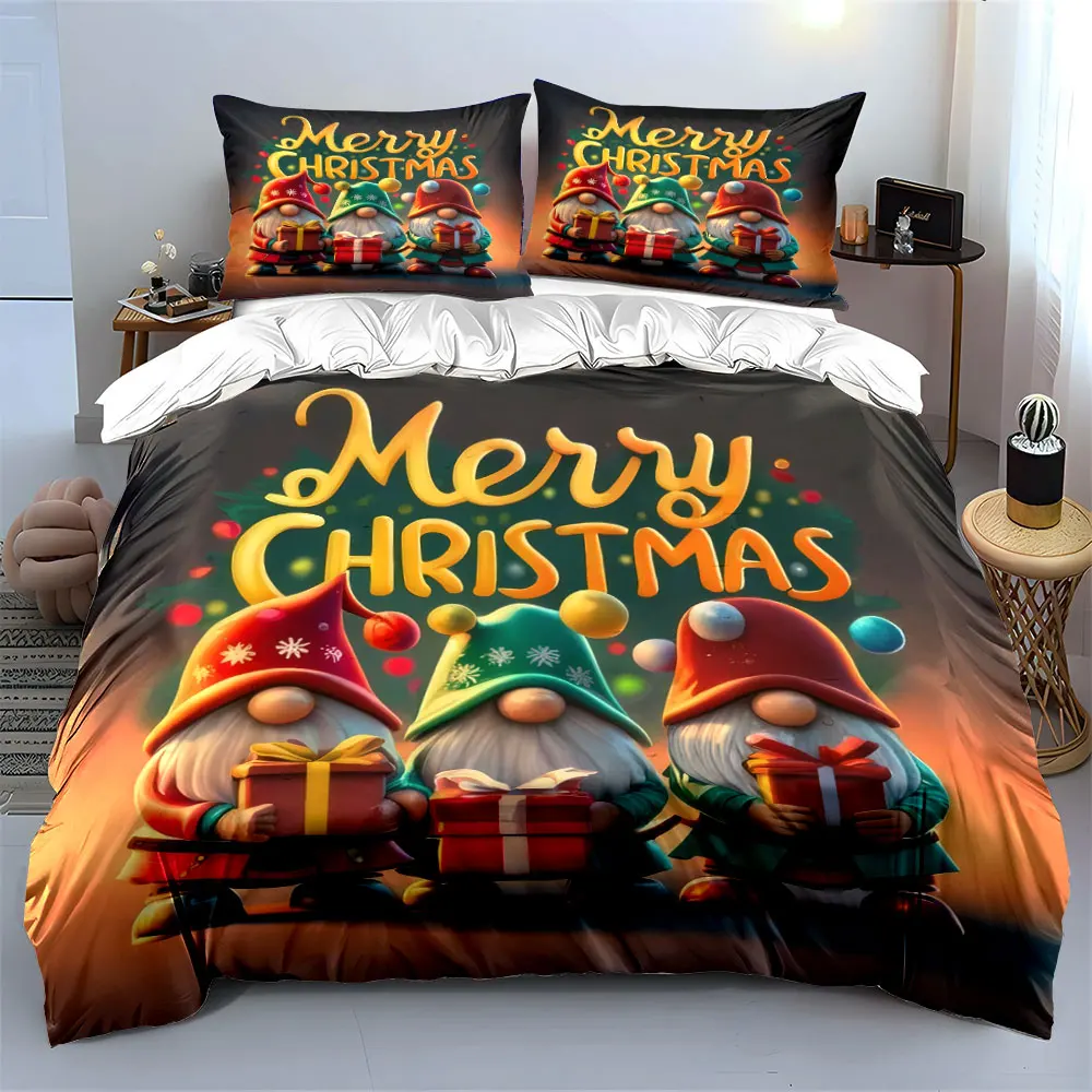 Elfos navideños sosteniendo regalos que transmiten calidez. Juego de ropa de cama con estampado de elfos navideños. Incluye 1 funda de edredón y 2 fundas de almohada.