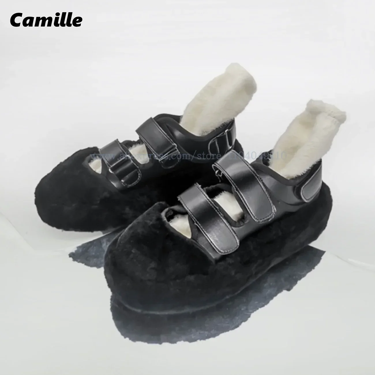 

Fur Short Plush Hook&Loop Shallow Snow Pumps Solid Mary Jane Hollow All-Match Casual Shoes Round Toe Platform Size 34-40 Shoes