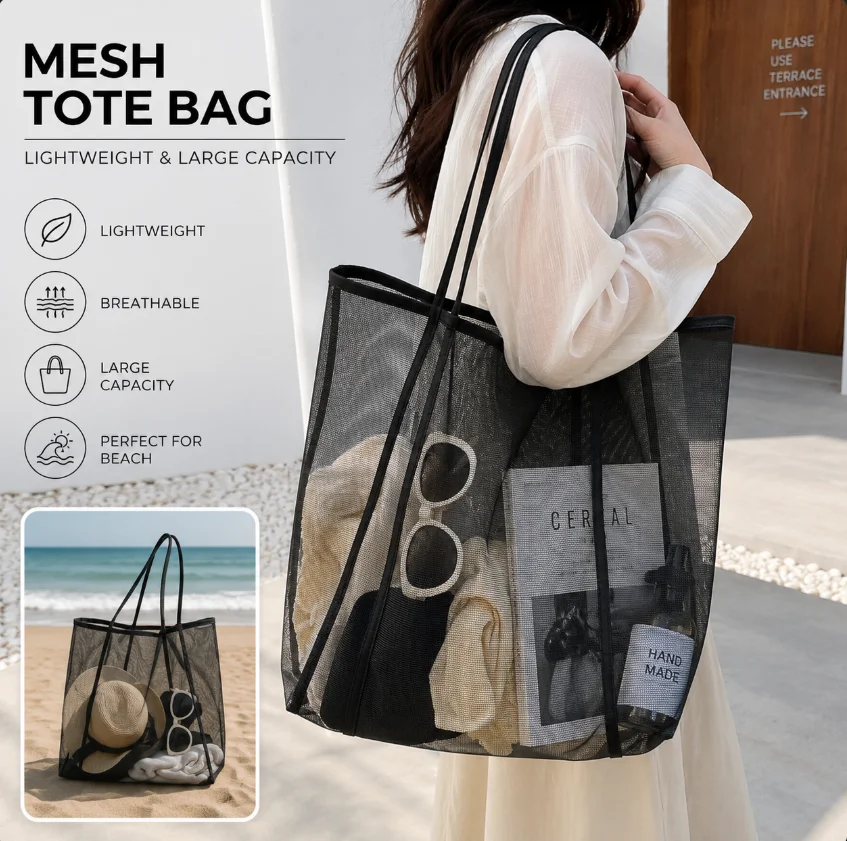Portable INS Style Transparent Mesh Bag Fashionable Lightweight Versatile Large Capacity Portable Bag Beach Mesh Shopping Bag image 3