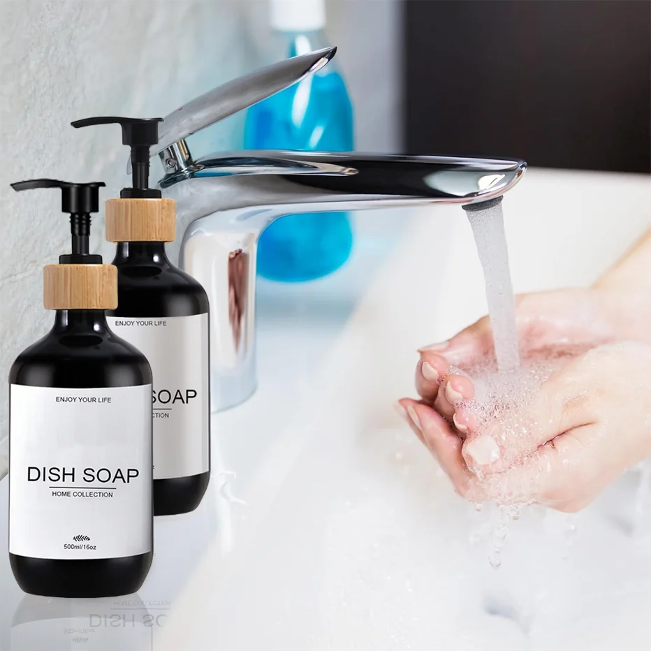 Black Soap Dispenser Set Kitchen Hands and Dish Soap Pump Dispenser Bathroom Hand Soap Bottle with Waterproof Label Sticker