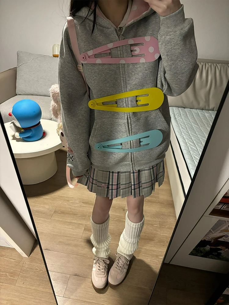 

Polka Dot Hat Sweatirt Women's Loose Fit Spring Autumn New Sle Cute Sle Long Sve Zipper Cardigan Coat