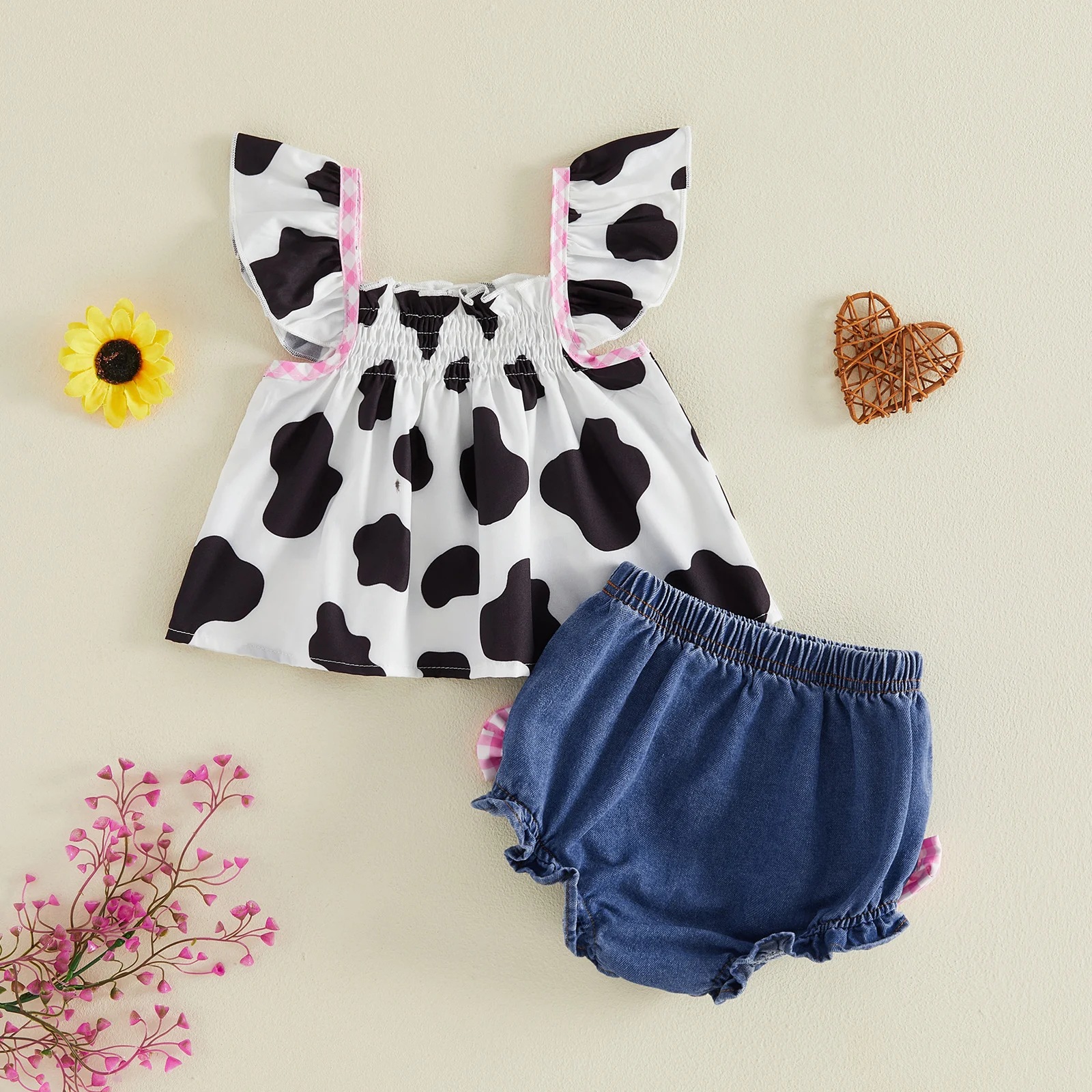 Baby Girls Summer Outfits Cow Print Flutter Sleeves Tops and Cute Bow Ruffled Denim Shorts Set Cute Clothes
