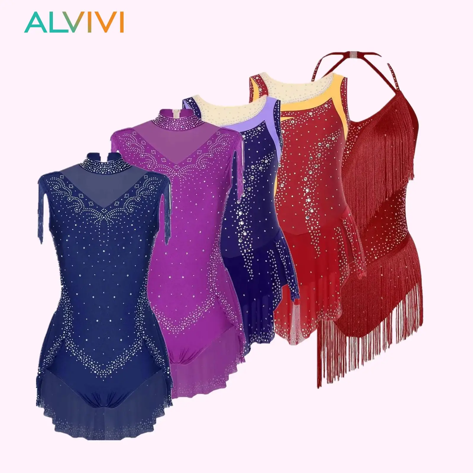 

Womens Sparkling Rhinestones Gymnastics Figure Skating Ballet Jeresey Latin Dance Leotard Sheer Mesh Tassel Skirted Bodysuit
