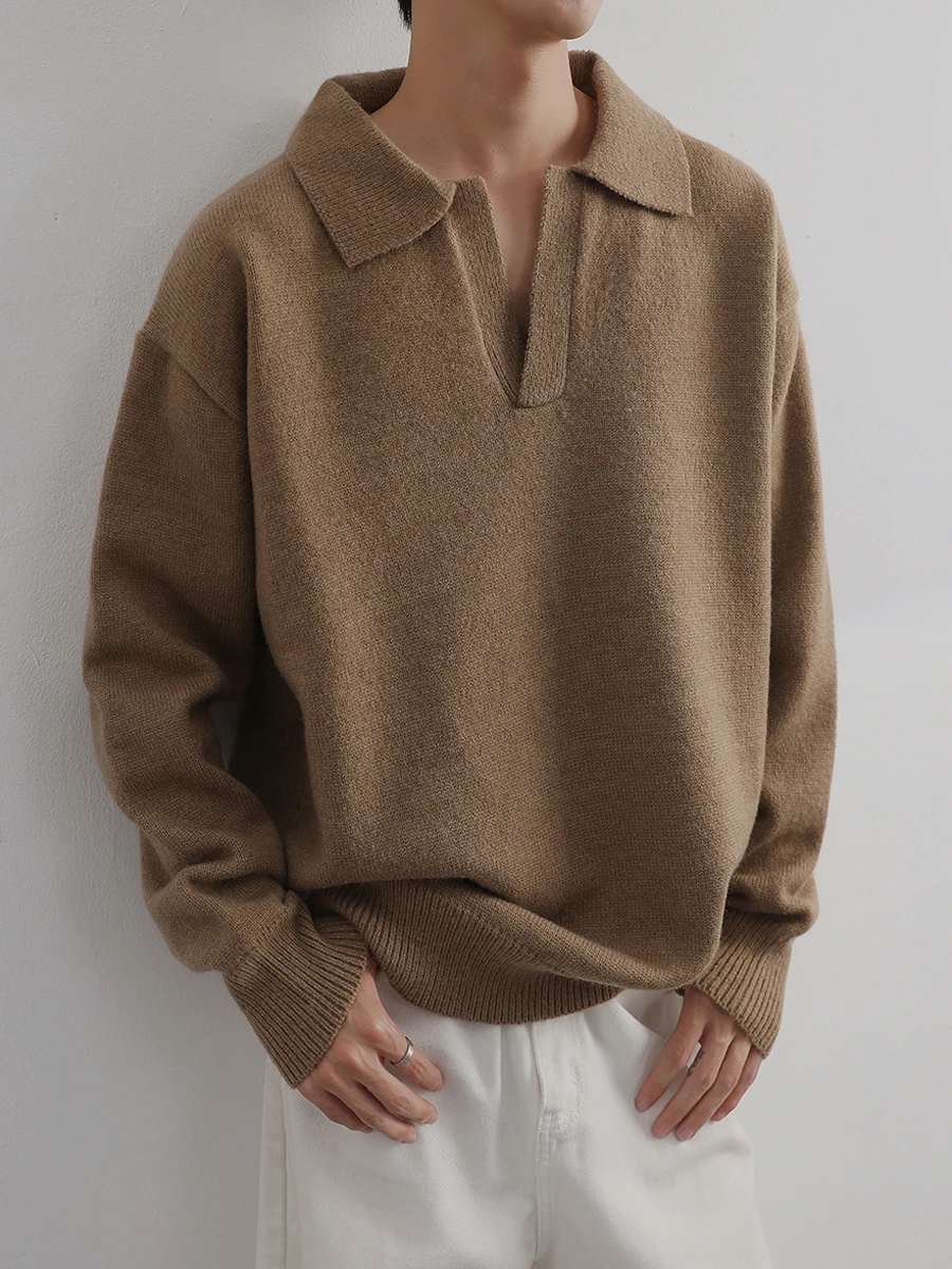 

2023 Men Autumn Winter New Solid Color Sweater Tops Men's Lapel Long-sleeved Jumpers Male Loose Warm Knitted Pullover Tops I573