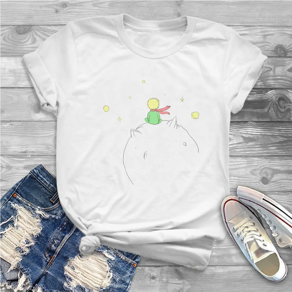 Cute Women's T Shirt Little Prince Fox Cartoon Ladies Tees Kawaii Polyester Tops Graphic Tshirt y2k Fashion