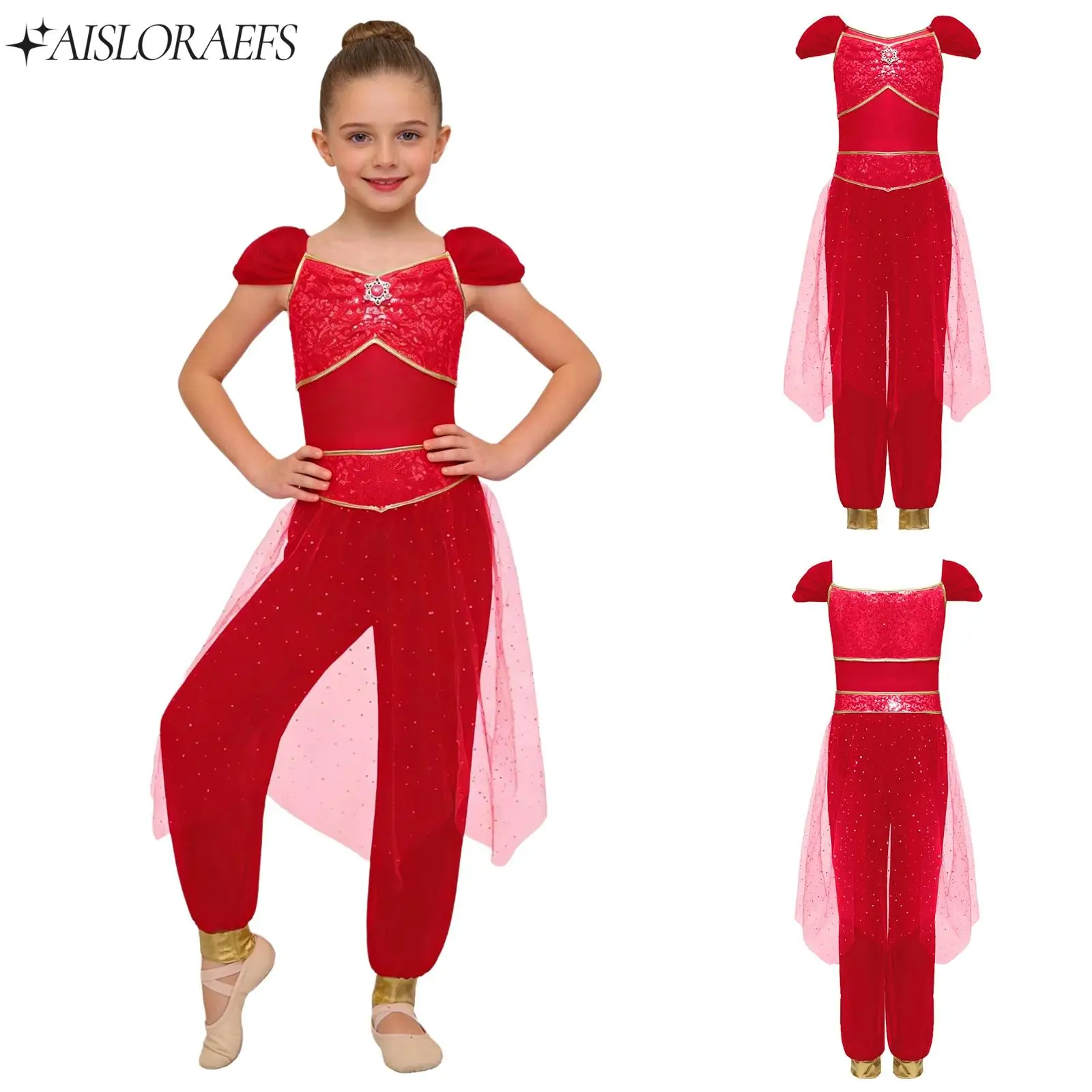 

Girls Arabian Princess Dress Festival Party Halloween Carnival Cosplay Costume Rhinestone Sequined Jumpsuit Belly Dance Rompers