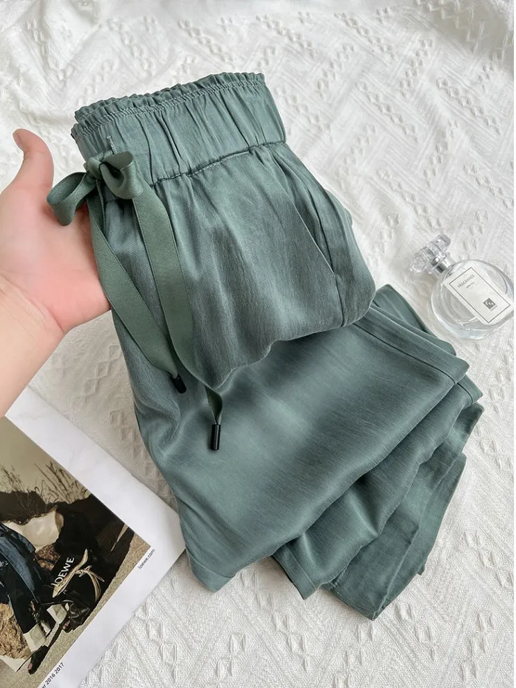 Calças Femininas de Verão em Tamanho Grande, de Seda Gelada, Corte Largura, Estilo Casual, Fibra de Cobre e Amônia