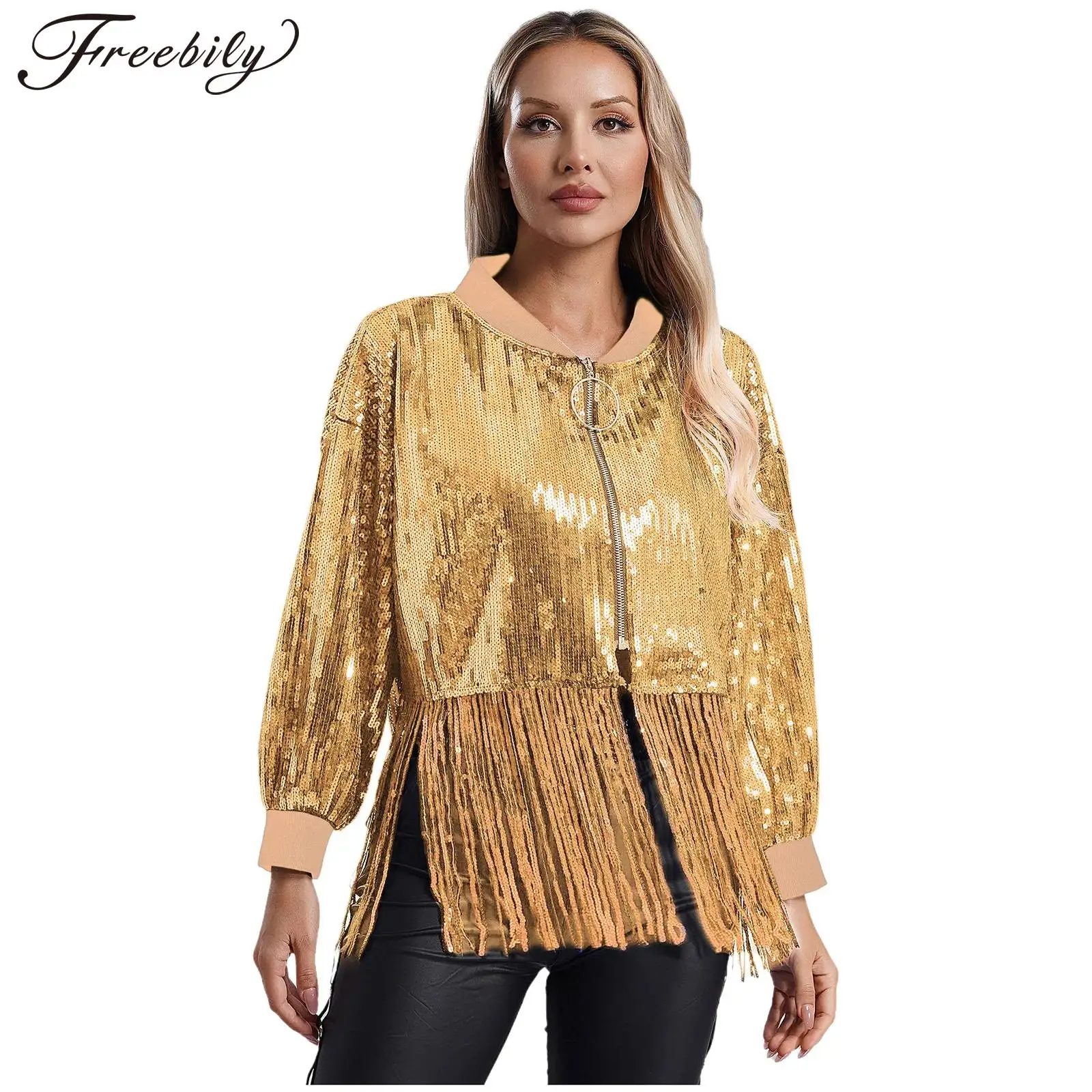 Fashon Women's Fringed Coat Women Shiny Sequin Zip Jacket Outerwear for Nightclub Bar Music Festival Rave Party Carnival Costume