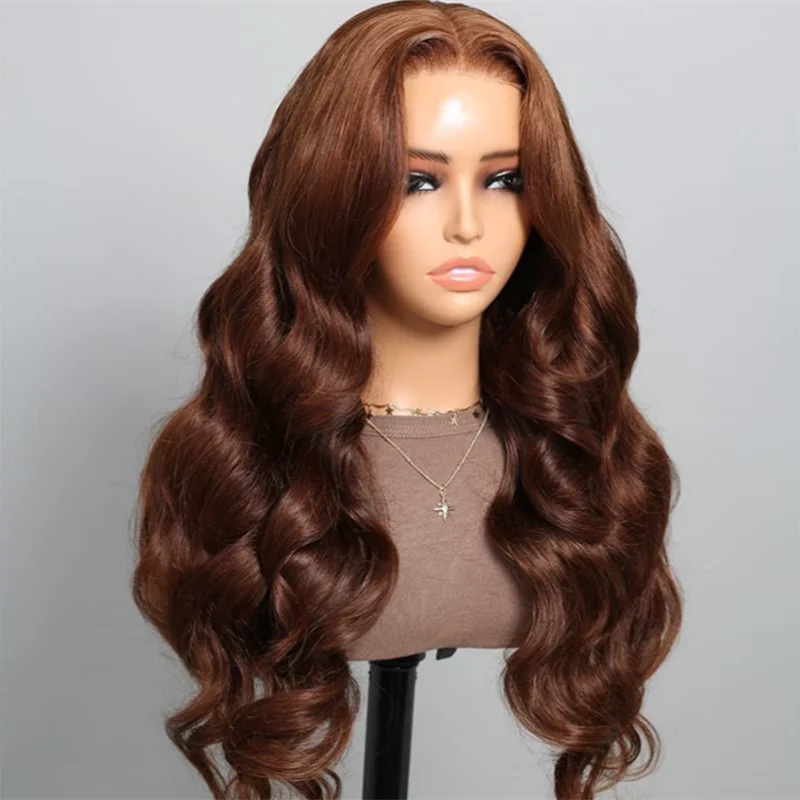 Lungo 180% DensityBody Wave 26 pollici marrone morbido Glueless parrucca anteriore del merletto per le donne con i capelli del bambino sintetico prepizzicato moda quotidiana