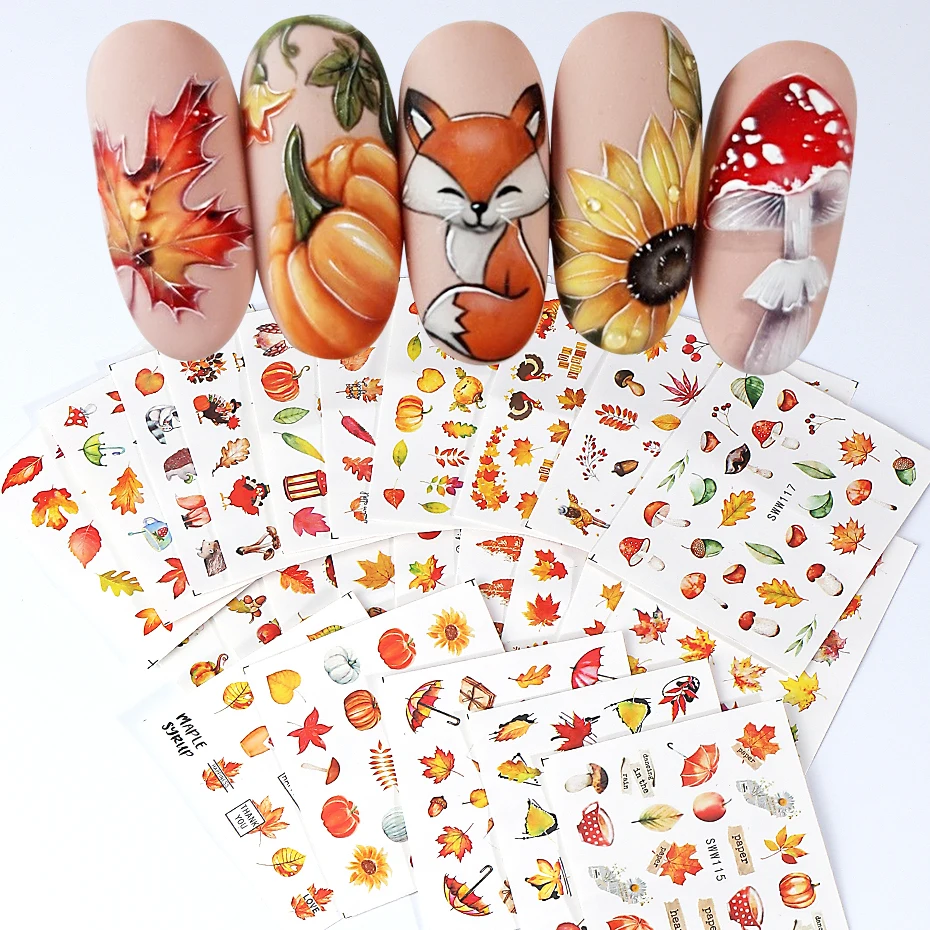 24pcs Autumn Maple Leaf Nail Water Stickers Cartoon Pumpkin Squirrels DIY Winter Christmas Transfer Sliders Manicure Decor Tips