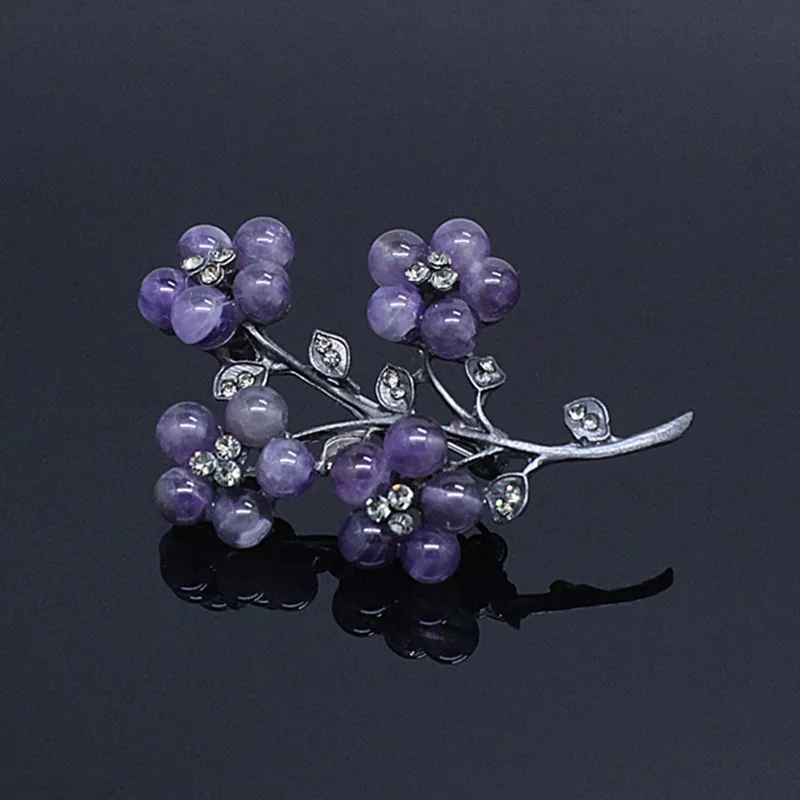 Ajojewel Vintage Brooch Purple Natural Stone Flower Branch Brooches Pins For Women Elegant Gift Items