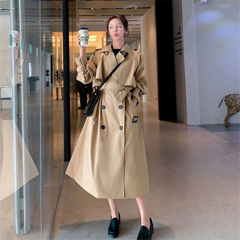 British Style Autumn Mid-Length Women Windbreaker Khaki Black Overcoat With Belt Casual Lapel Long Sleeve Female Trench Coat