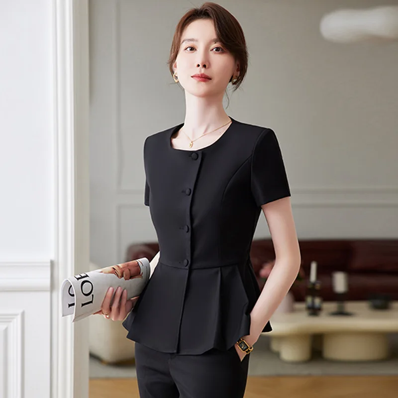 Black professional suit for women, front desk workwear, beauty salon, jewelry store formal attire, stylish and elegant work dres