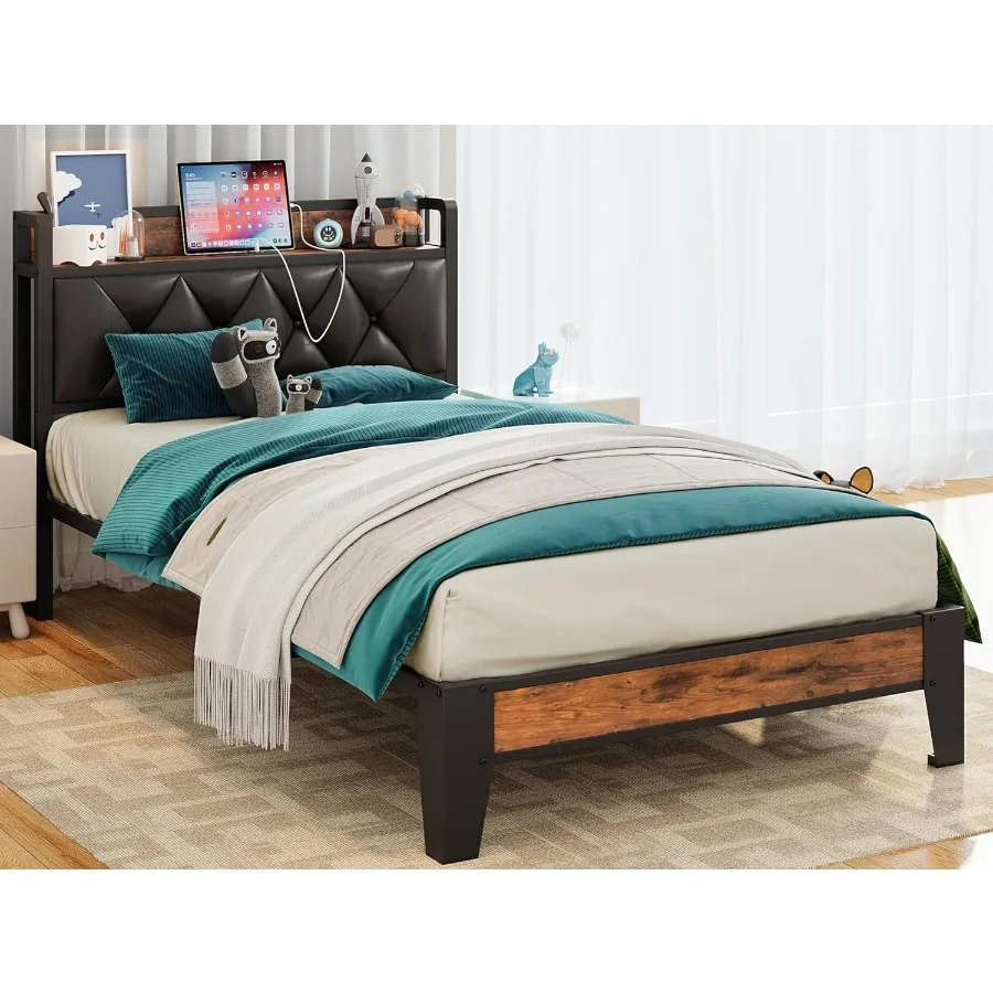

Twin Bed Frame with Storage Headboard and Outlets Rustic Brown and Black Easy to Install Sturdy and Stable No Noise No B