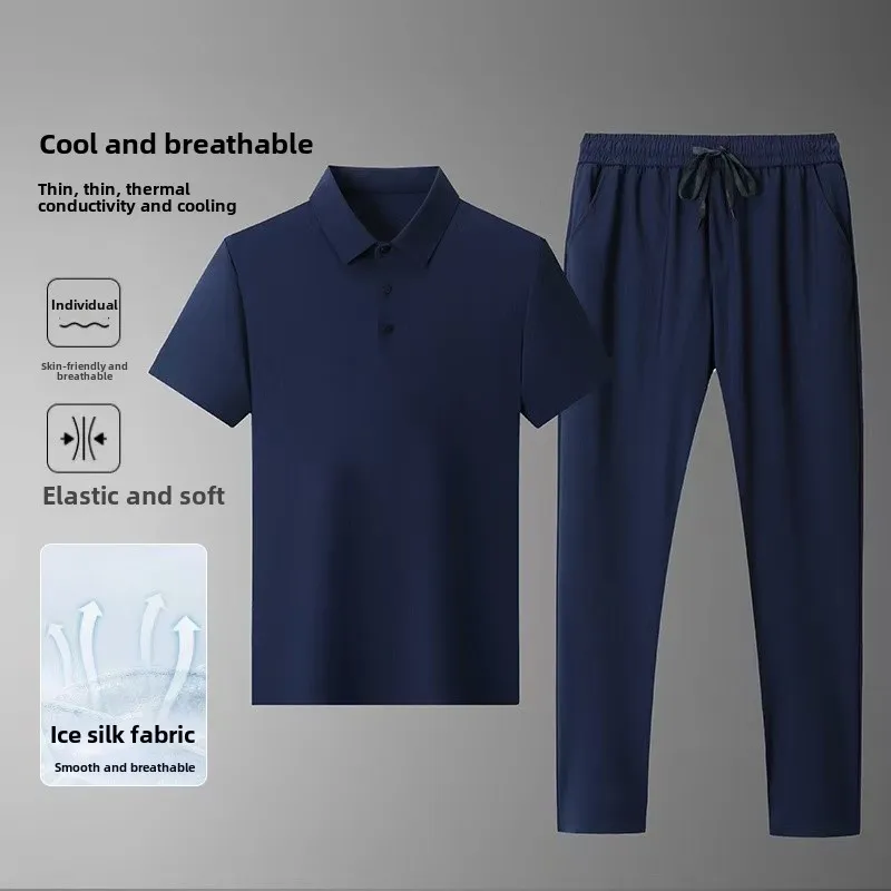 

Новый летний мужской спортивный деловой комплект для отдыха, высококачественная ткань, однотонная футболка без следов, клейкая футболка, брюки, комплект из двух предметов