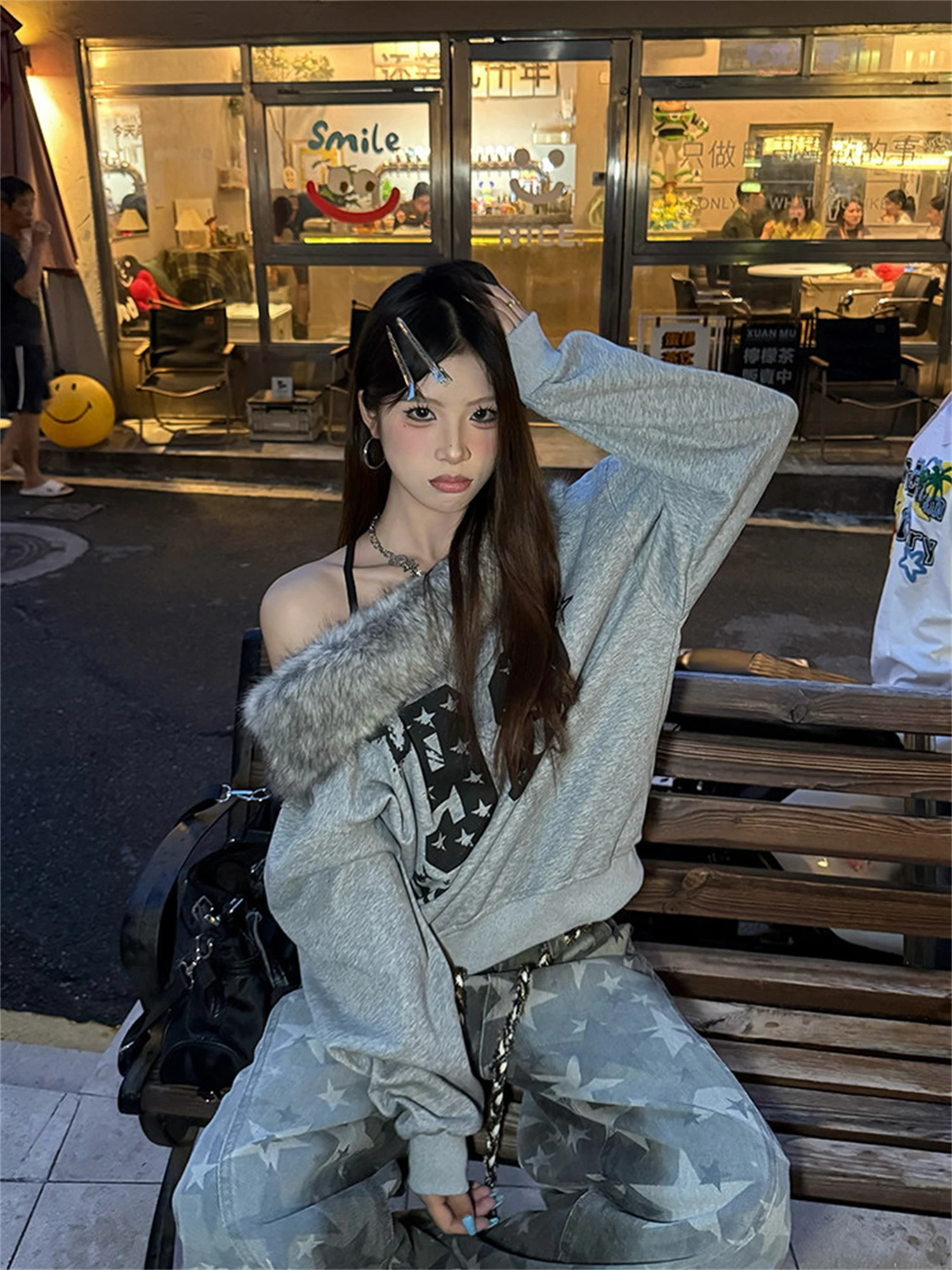 

Women's Multi-color Off-shoulder Sweatshirt Faux Fur Trim Number 98 Star Print Edgy Trendy Streetwear Casual Fashion Top 2025