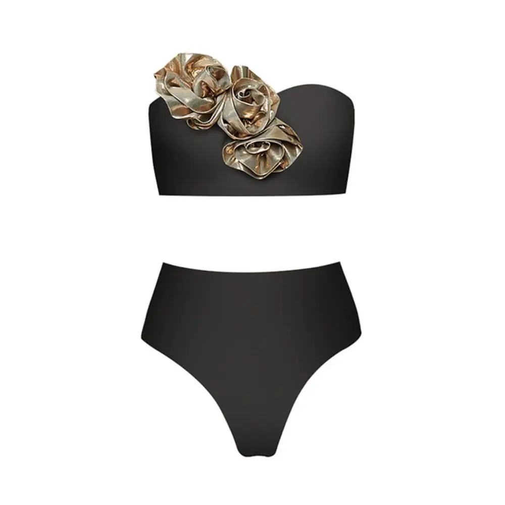 Bikini dorado con flores en 3D para mujer, bañador Sexy de cintura alta sin tirantes, traje de baño de dos piezas, color negro o blanco