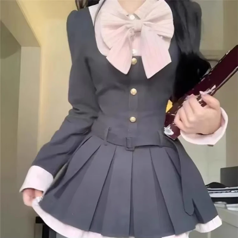 فستان على طراز Preppy للنساء للربيع بفيونكة مرقعة وخصر على شكل حرف A فساتين قصيرة أنيقة بأكمام طويلة للحفلات #2