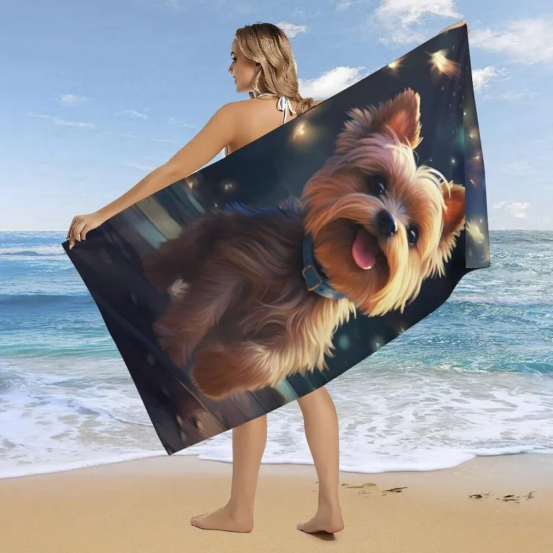 Ultra-Soft Yorkie Dog Beach Towel, Lightweight & Quick-Dry, Adorable Yorkshire Terrier Design with Sparkling Lights