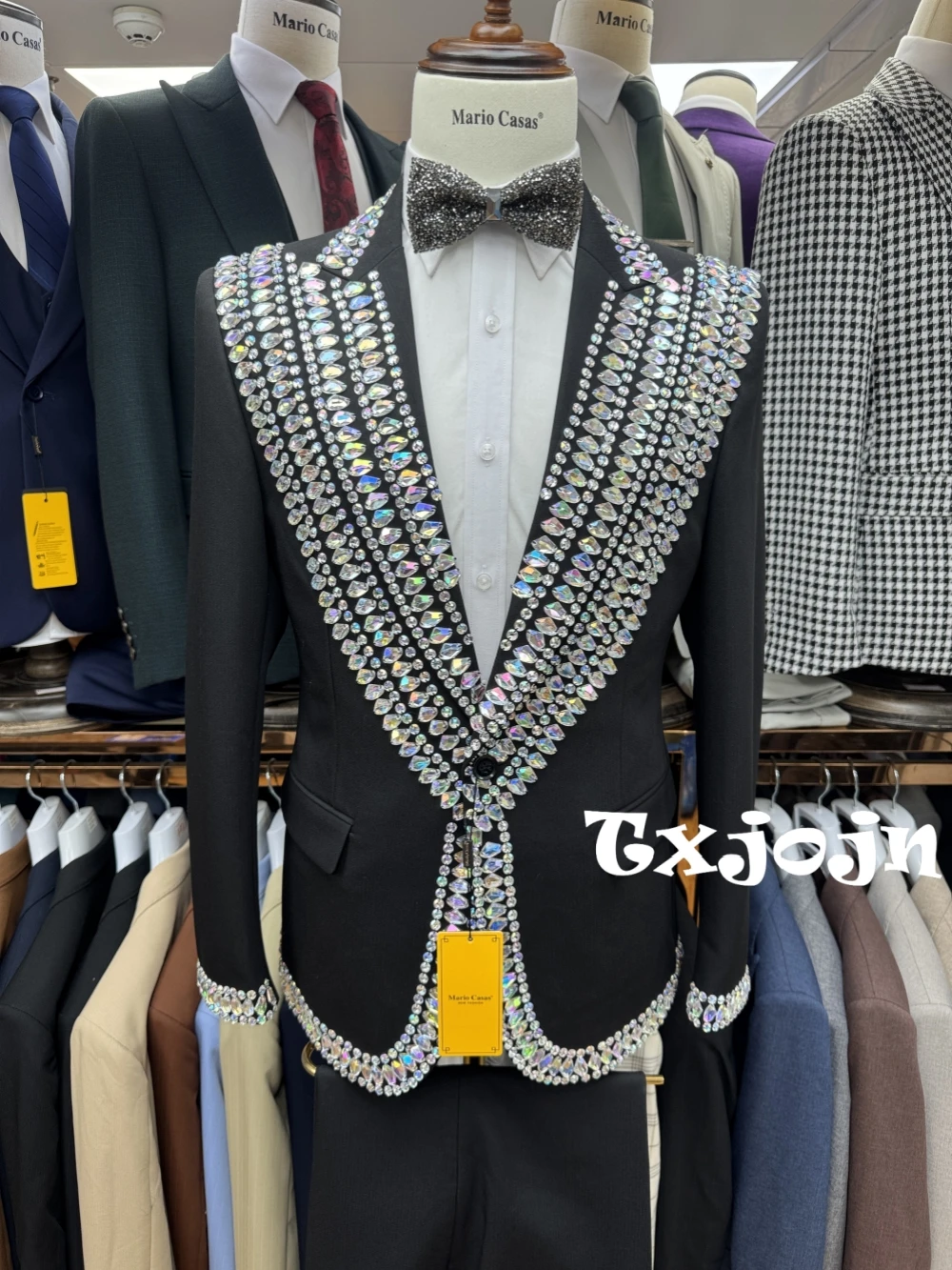

Новый изысканный ослепительный костюм с кристаллами, комплект из 2 предметов, танцевальная одежда, красивые мужские костюмы с длинными рукавами, смокинг на свадьбу, день рождения, S-3XL