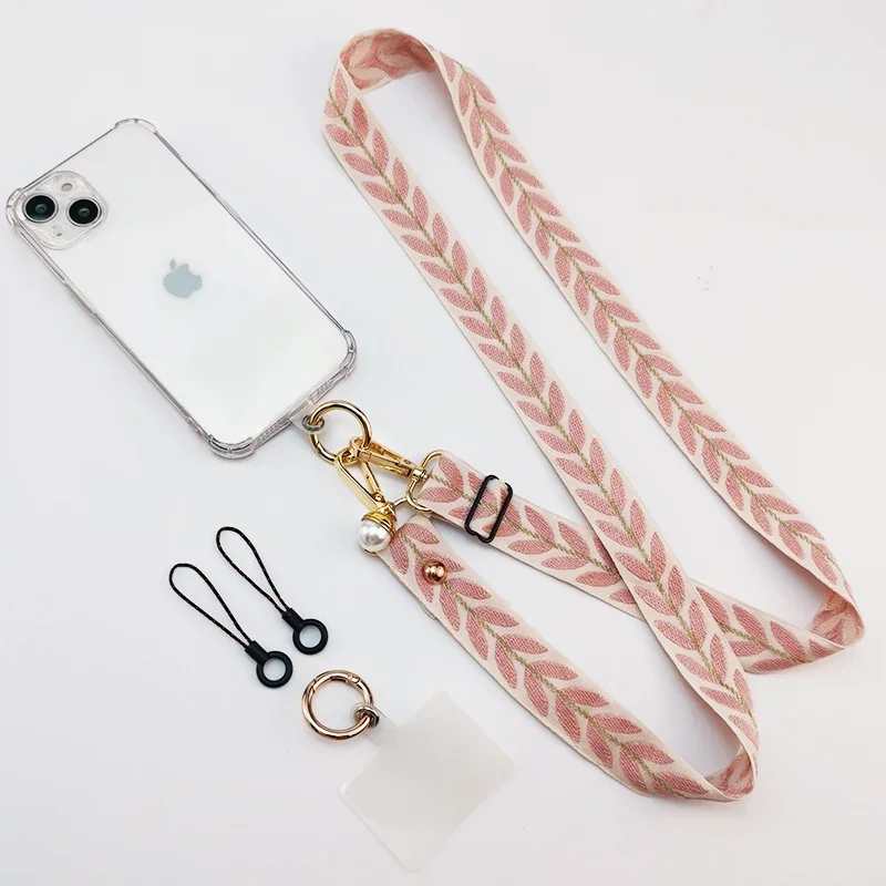 Phone Antilost Lanyard Long Crossbody Shoulder Strap Pearl Pendant Adjustable Hanging Neck Wide Cloth Strap Mobile Phone Lanyard