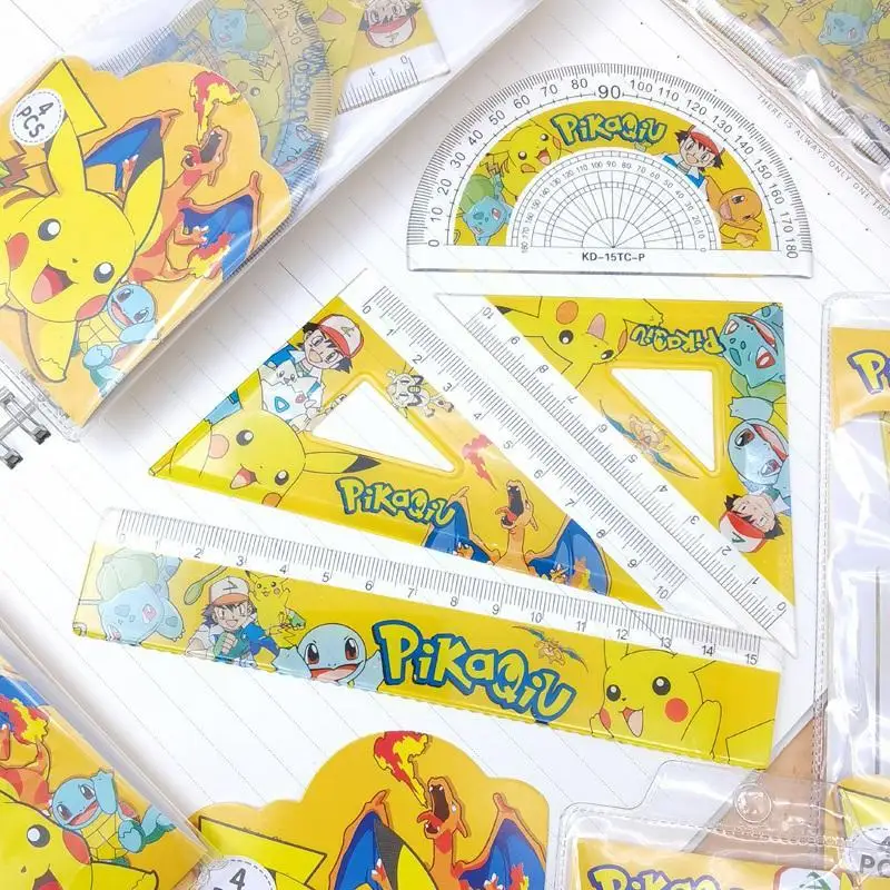 ポケモンピカチュウ定規,透明印刷用品,15cm,三角定規,4個の組み合わせ