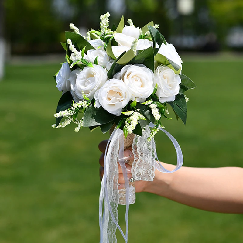 

1PC Wedding Roses Bride Holding Flowers in Hand,Artificial Silk Rose Hand Holding Flowers Wedding Bride Hemp Rope Handle Holdin