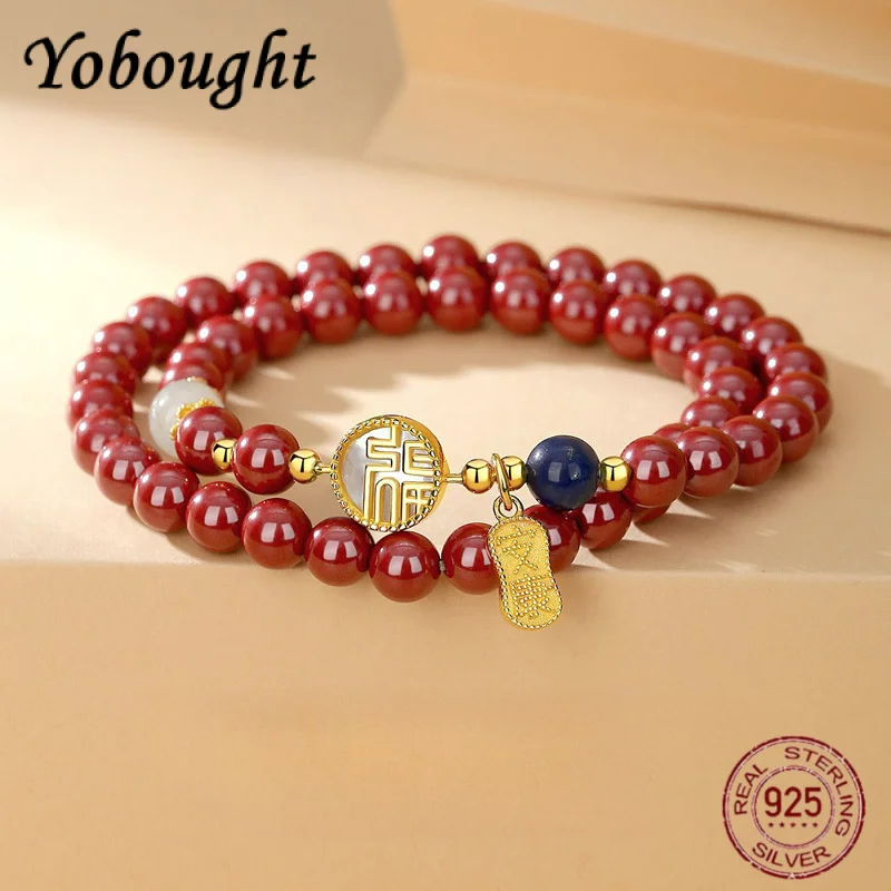 

925 Sterling Silver Natural Cinnabar Hand String Fu Brand Double-layer Bracelet Senior Valentine's Day Qixi Gift For Girlfriend