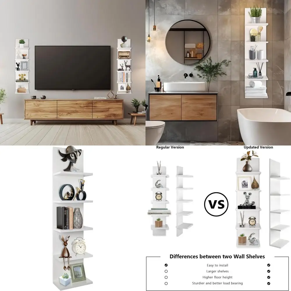 

5-Tier Wall Mounted Shelving Unit for Living Room and Bedroom, White Floating Shelves Decor Organizer