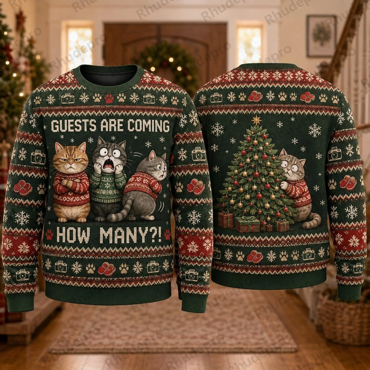 Ugly Christmas Sweater Funny Family Cat Crewneck Sweatshirt Polyester 3D Print Holiday Party Pullover Gift Men Women