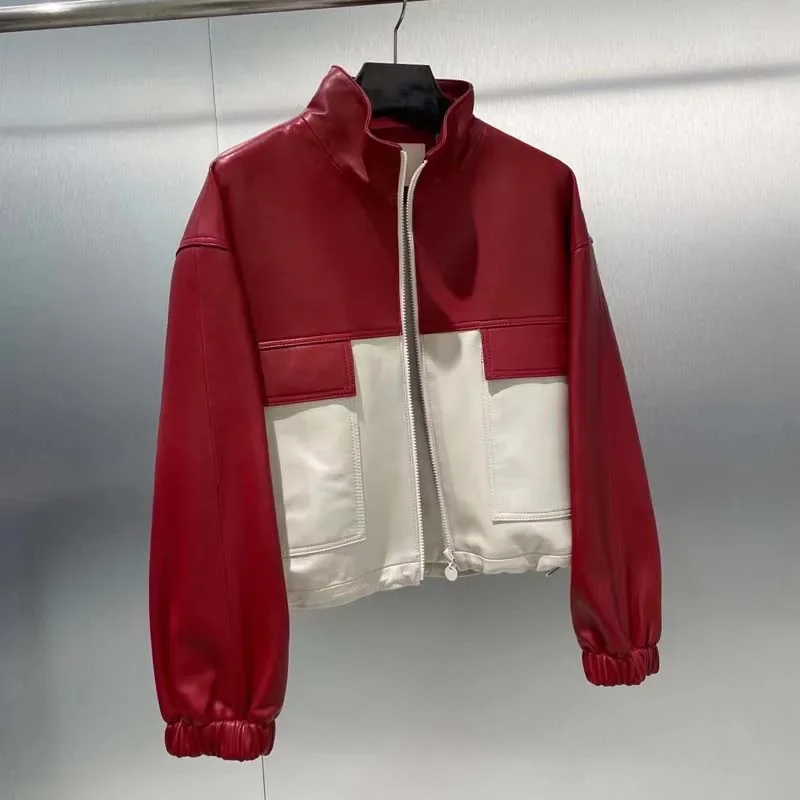 

Genuine leather jacket Stand Up Collar Women coat Spring red and white splice drop-shoulder sleeve import real sheepskin