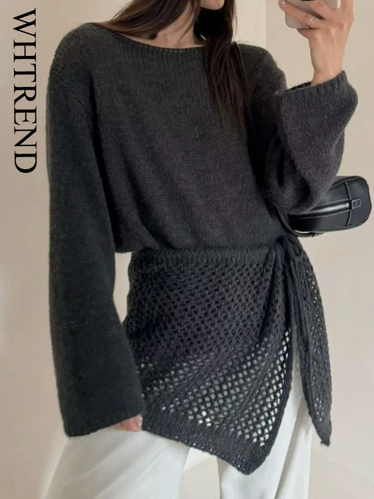 

WHTREND Women's Round Neck Knitted Sweater With Shawl Two-Piece Korean Style Designer Solid Color Fashion Outfit Autumn WH1657