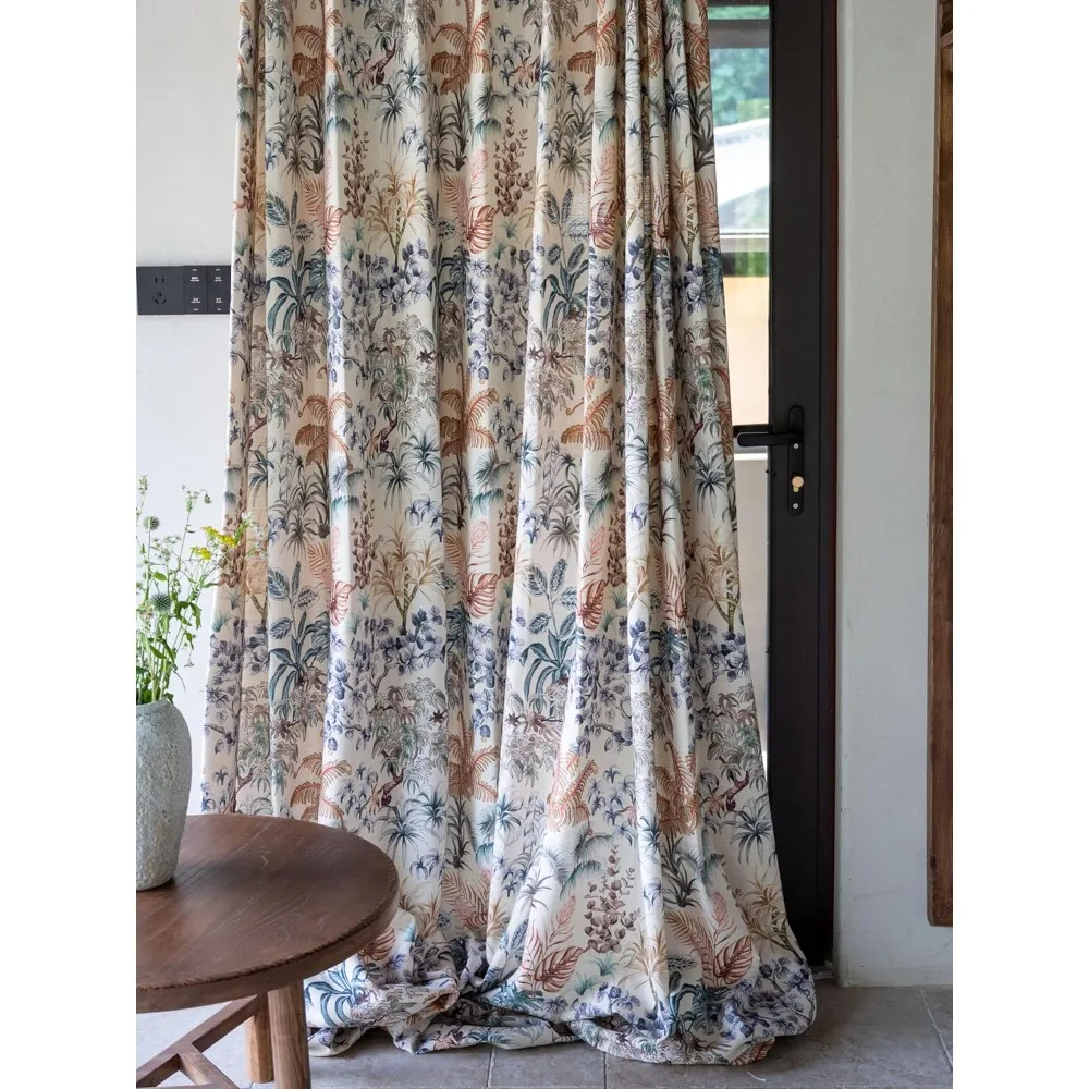 Rideaux semi-collants en mélange de lin pour salon, 84 pouces, style bohème avec motif floral botanique, idéal pour le drapeau de fenêtre
