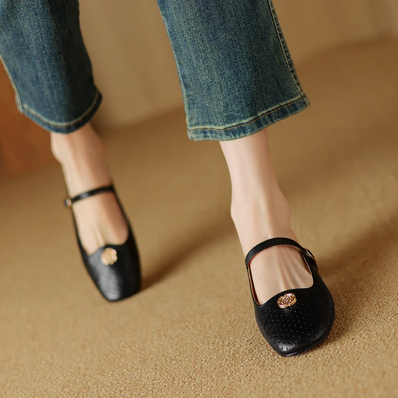 

Woman Mules Spring Summer Elegant Ladies Black Beige Mullers Square Toe Flats Sheepskin Concise Comfortable Casual Flats