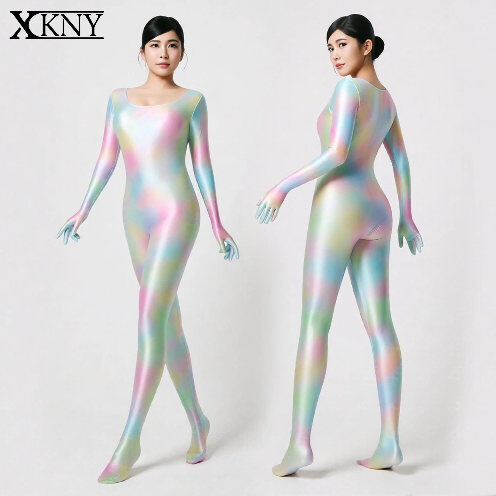 

AMORESY satin glossy thigts oil smooth colorful full body jumpsuit Solid color round neck with gloves long sleeves tights