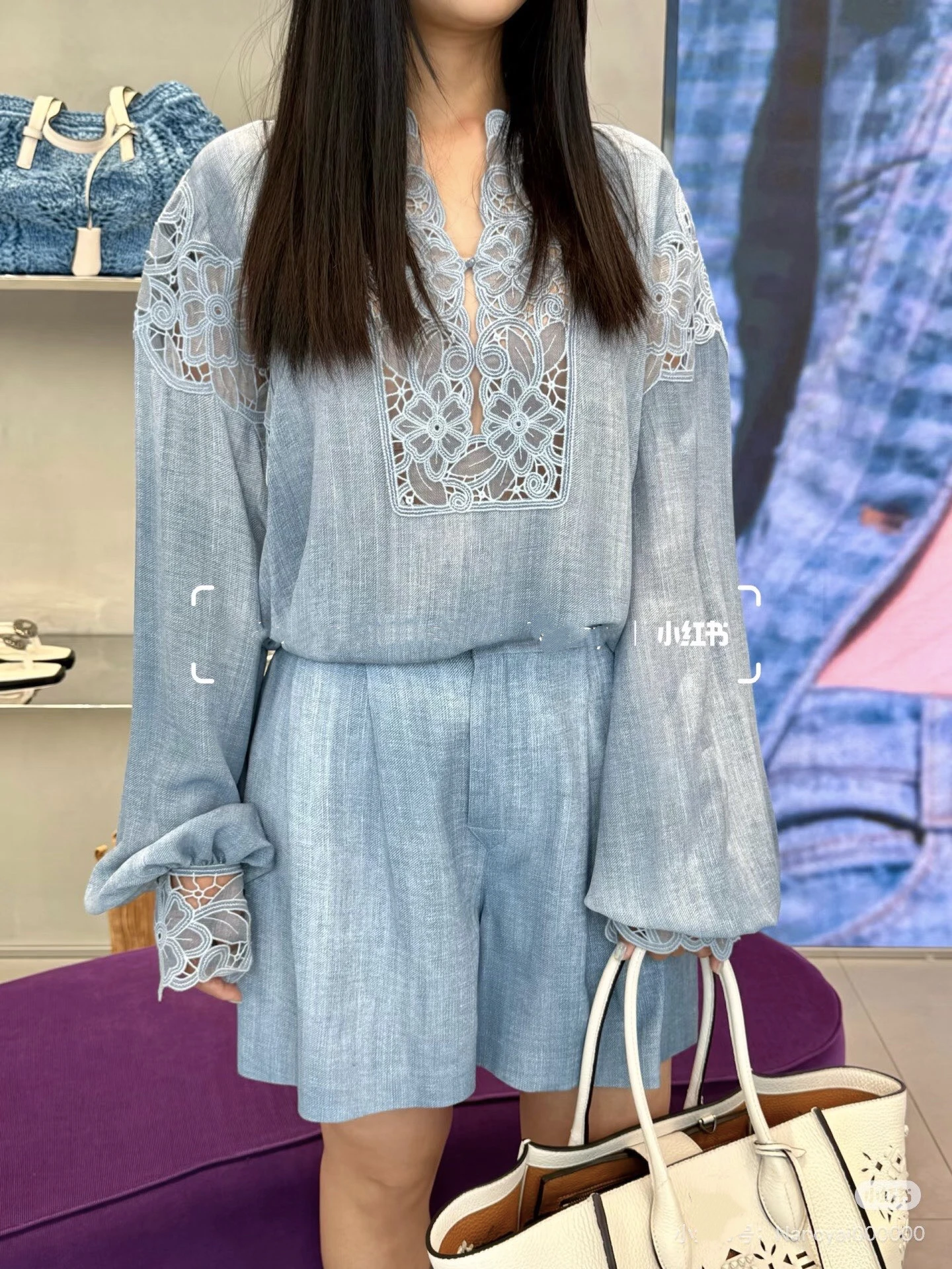 High End Pure Silk Two Piece Shorts Set Women Vintage Embroidered Lace Blouse Sky Blue Khaki Luxury Boho Chic Vacation Outfit