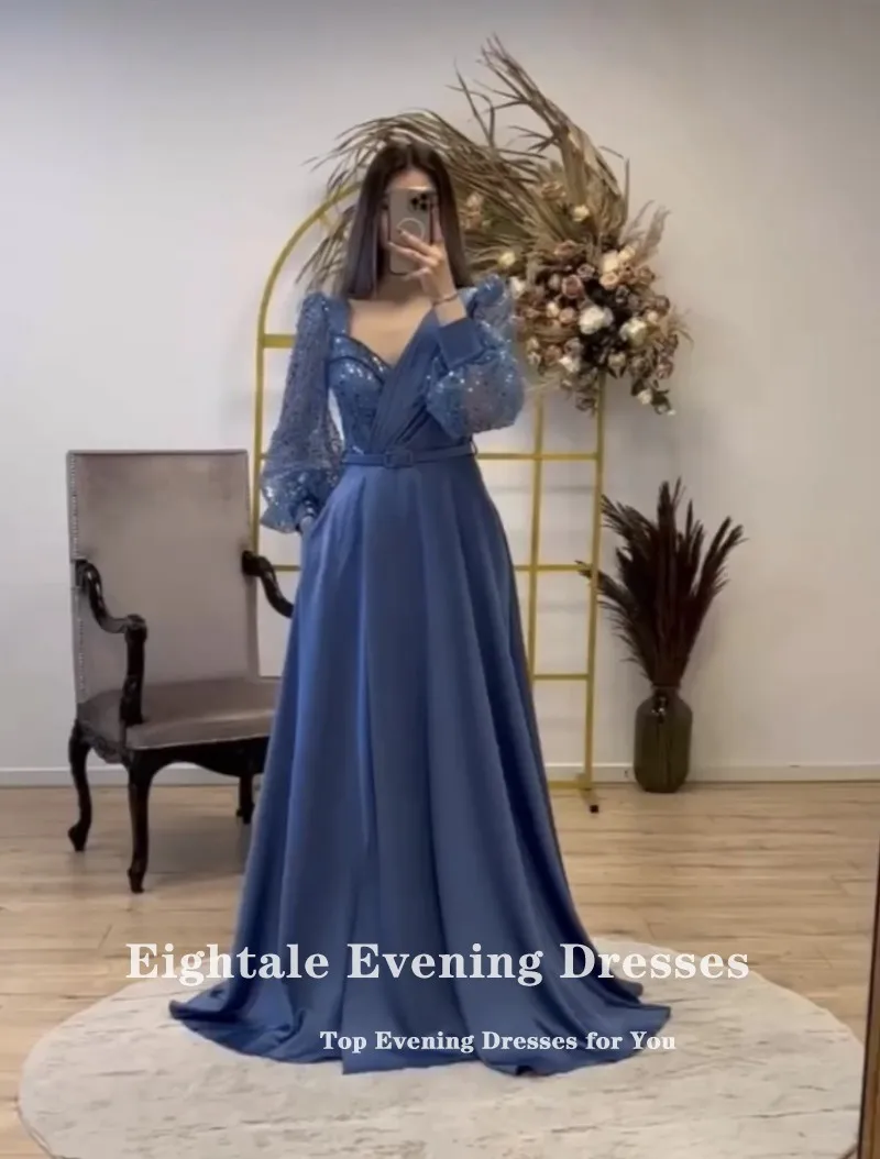 Eightale Light Blue Evening Dresses Long Sleeves Sweetheart Glitter A-Line V-Neck Customized Prom Party Gown vestido de fiesta