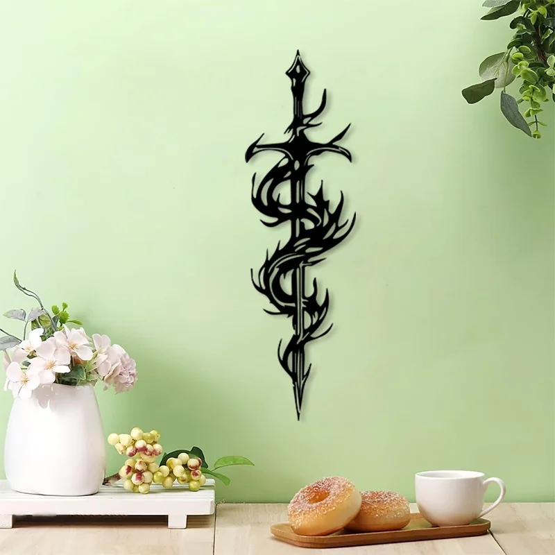 CIFBUY Flame Sword Metal Wall Art 2D Flat Iron Sign Viking Hanging Decor for Game Room Den Gamer Gift Rustic Accent