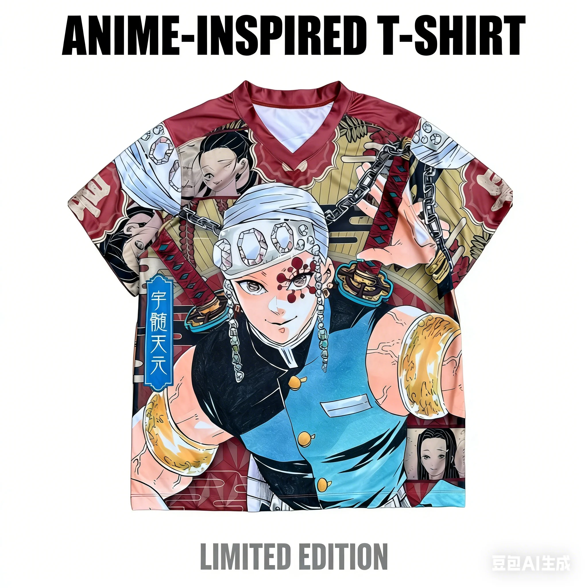 Neues Herren Demon Slayer Tengen Uzui Sound Hashira 3D-Druck V-Ausschnitt T-Shirt Jersey Tee Stylische Freizeitkleidung für Anime-Fans Y2k Oberteile