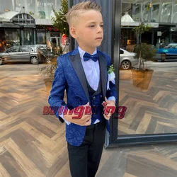 Royal Blue Floral Suit for Boys Wedding Dress Four Piece Jacket Pant Vest Bow Tie Formal Blazer Kids Tailor