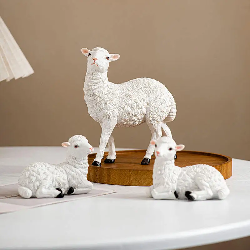 Resin White Lamb - Kneeling Nursing Statue Set Eid Mubarak Ornament for Arabic Home Festival Table Decor