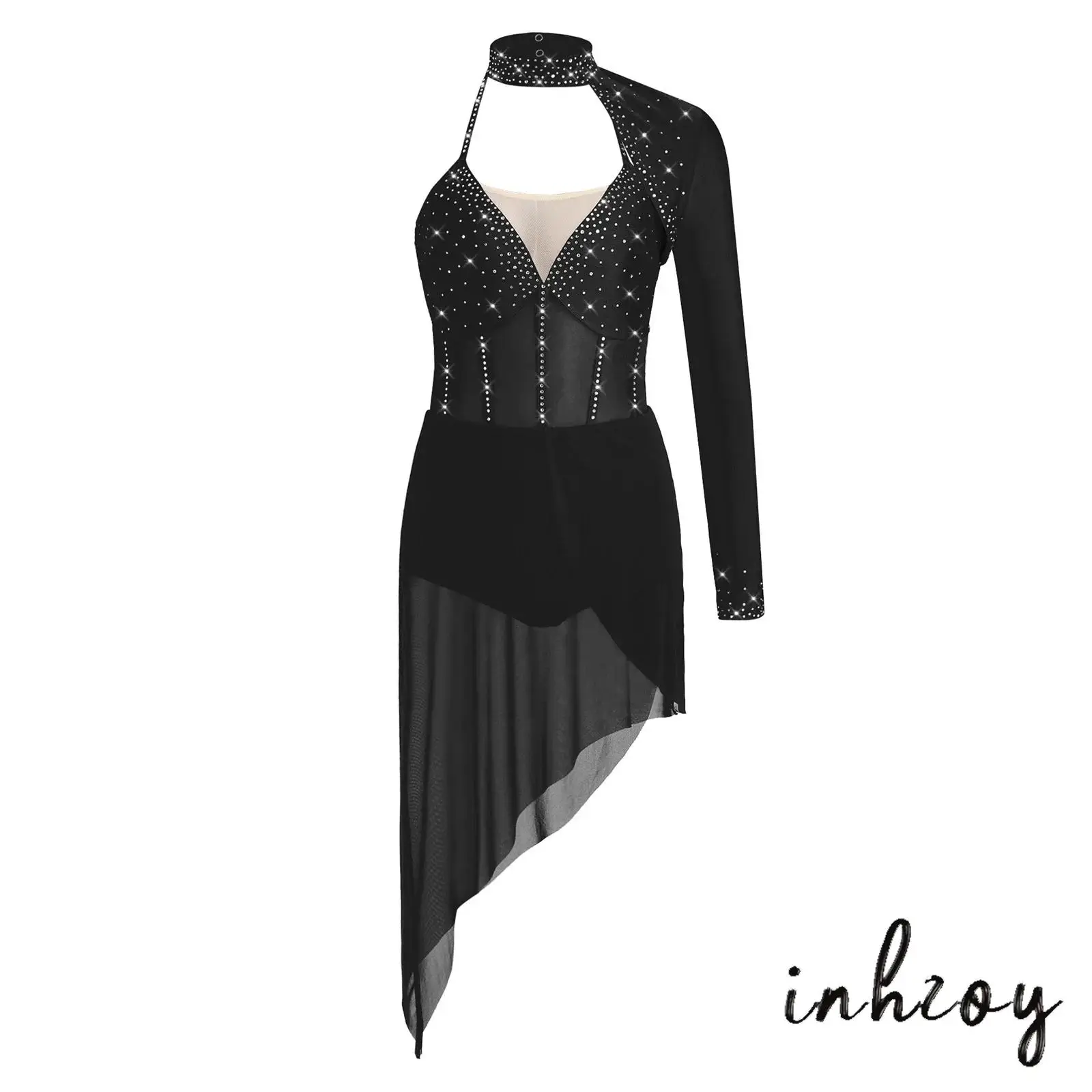 

Womens Lyrical Ballet Latin Dance Rhinestones Bodysuit Dress Single Long Sleeve Strappy Backless Irregular Mesh Hem Dresses