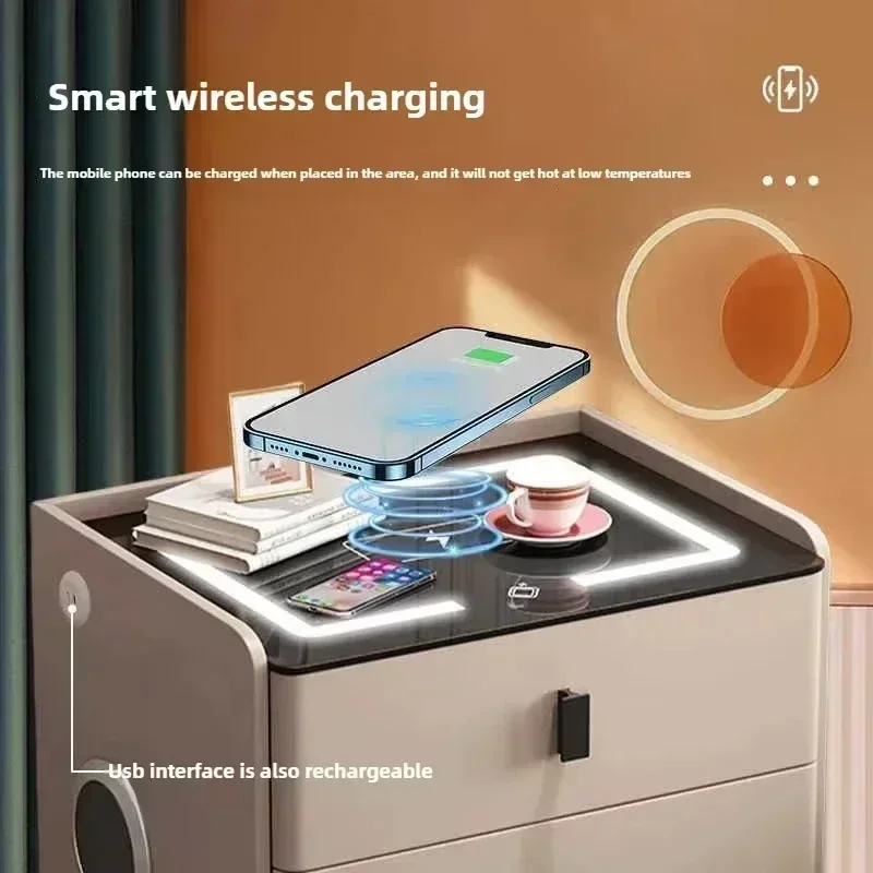 Smart Solid Wood Nightstand - Luxury Minimalist Design Wireless Charging LED Light Multi-Functional, Fully Assembled night stand