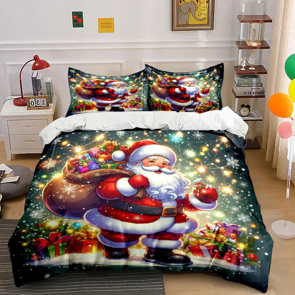 Santa Claus carrying a bag full of gifts in the snow Print Duvet Cover Bedding Set Included 1*Duvet Cover 2*Pillowcases