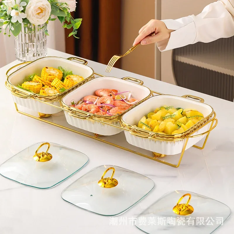 Luxurious ears golden electroplating baking tray three restaurant candle heating insulation soup pot with cover.