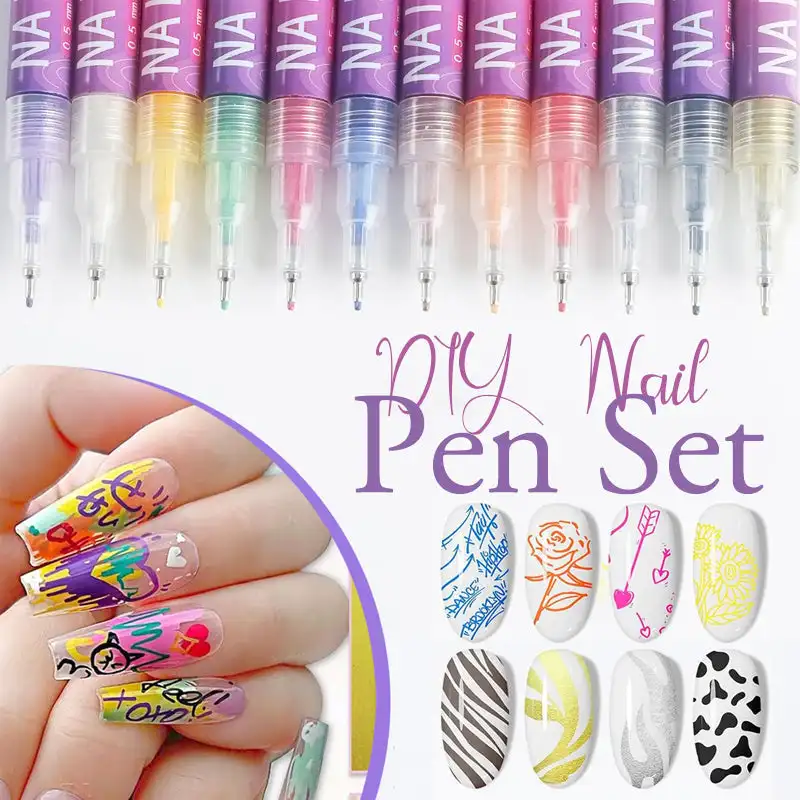 

12 Colors Nail Art Pens Set Nail Art Graffiti Pen Nail Marker Drawing Abstract Lines Fine Detail Floral Design Waterproof