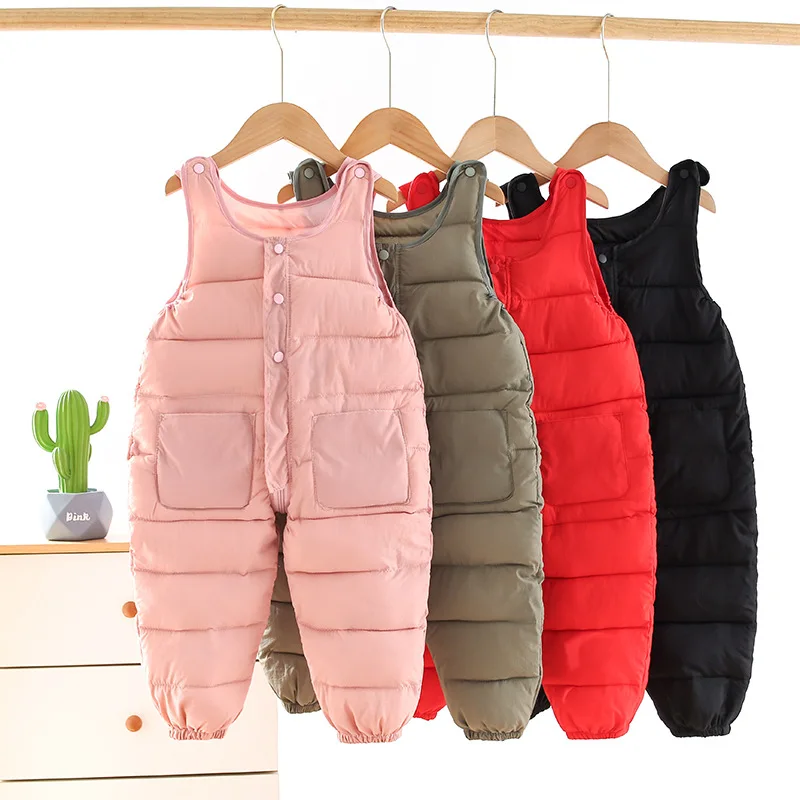 Boys Down Overalls Children Ski Sweatpants Baby Outside Jumpsuit Winter Girls Waterproof Romper Kids Thick Warm Windproof Clothe